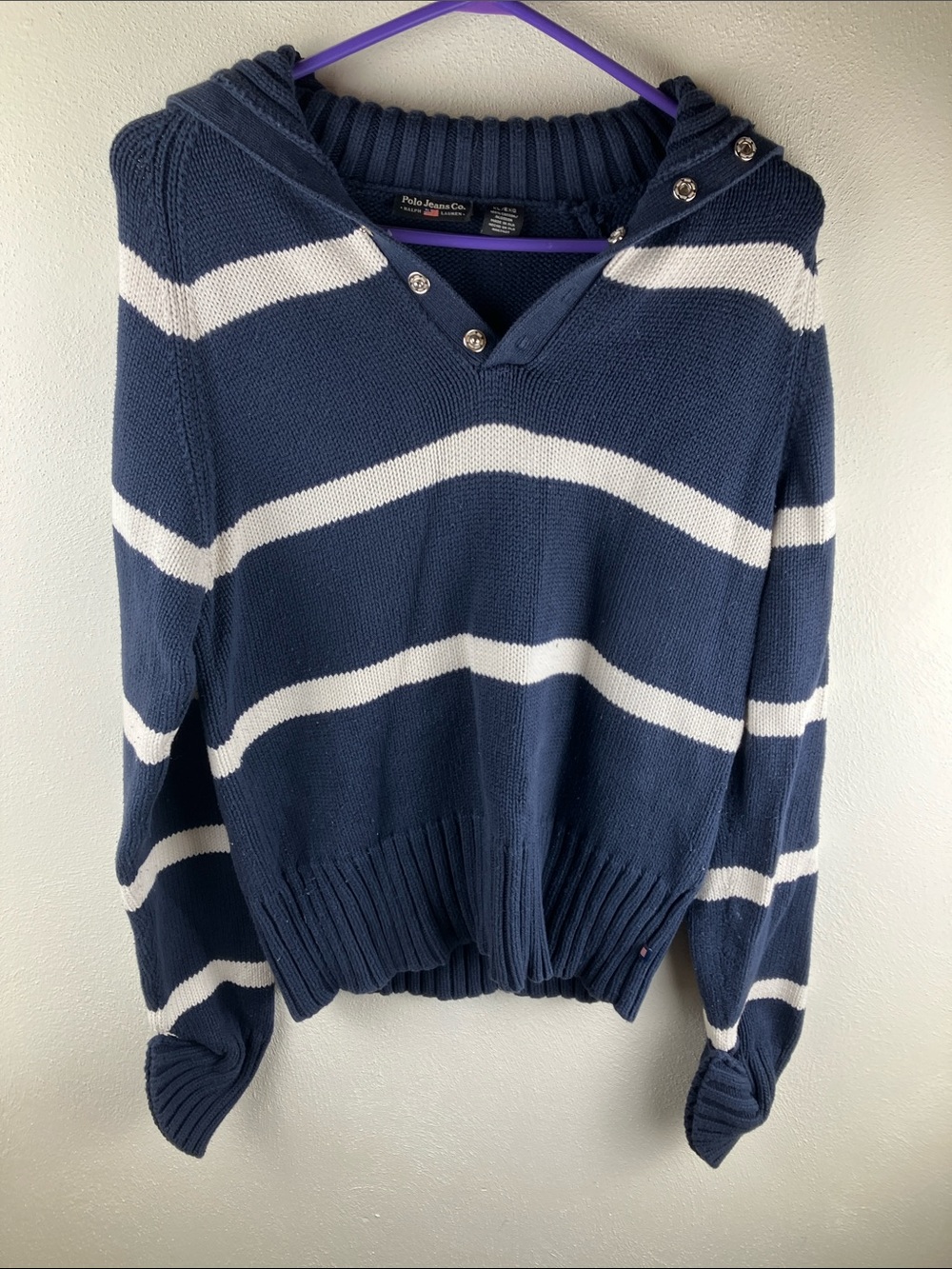 Polo Jeans Co Ralph Lauren XL Striped Heavy Knit Sweater Snap Collar Vented Cuf